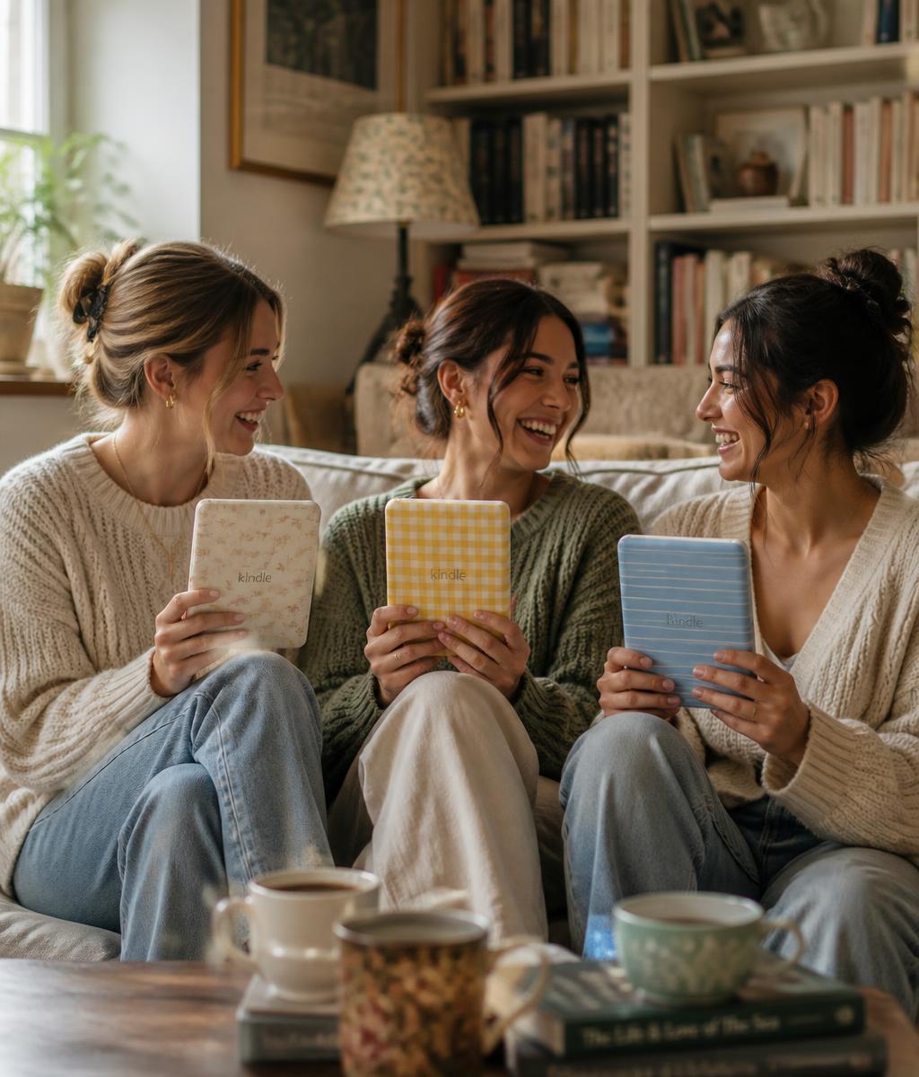 The three friends behind Third Page Co, each holding a Kindle in one of their covers